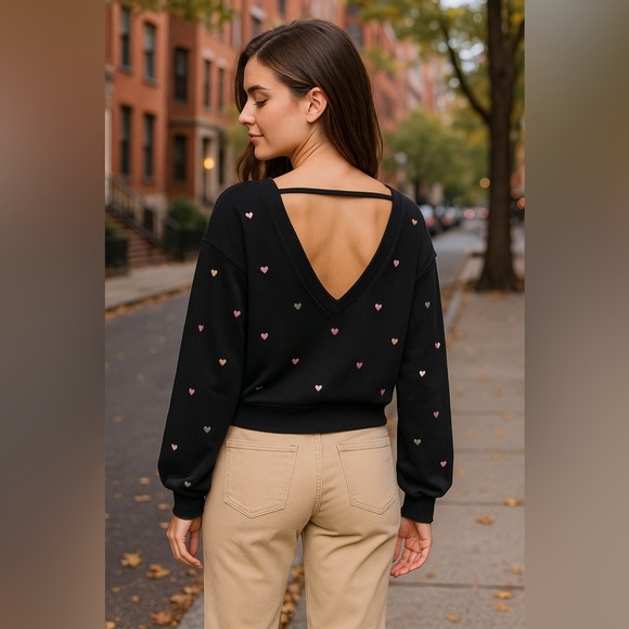 Vintage Havana Black Embroidered Heart Open Back Sweatshirt - Small - Picture 2 of 15
